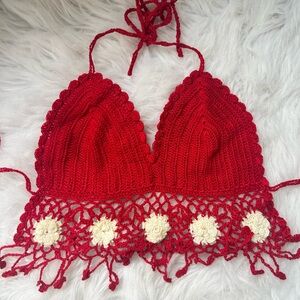 Hand-Crocheted Red Bralette with Cream Daisy Trim